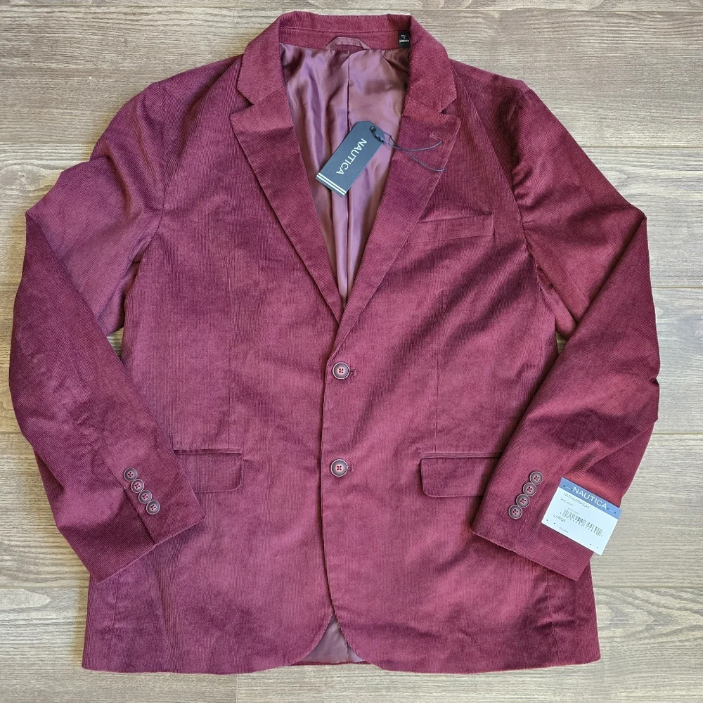 NAUTICA Blazer Mens L Burgundy Mirco Corduroy Modern Sport Coat Grandpa Preppy